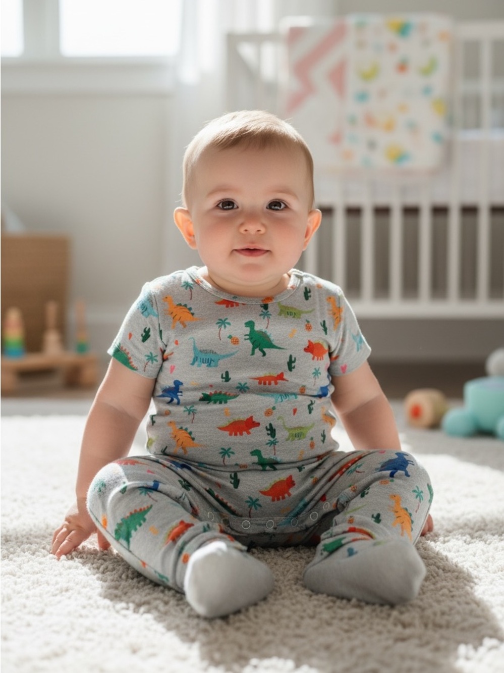 SHEIN Gray Toddler One-Piece Bodysuit with Multicolor Dinosaur Print